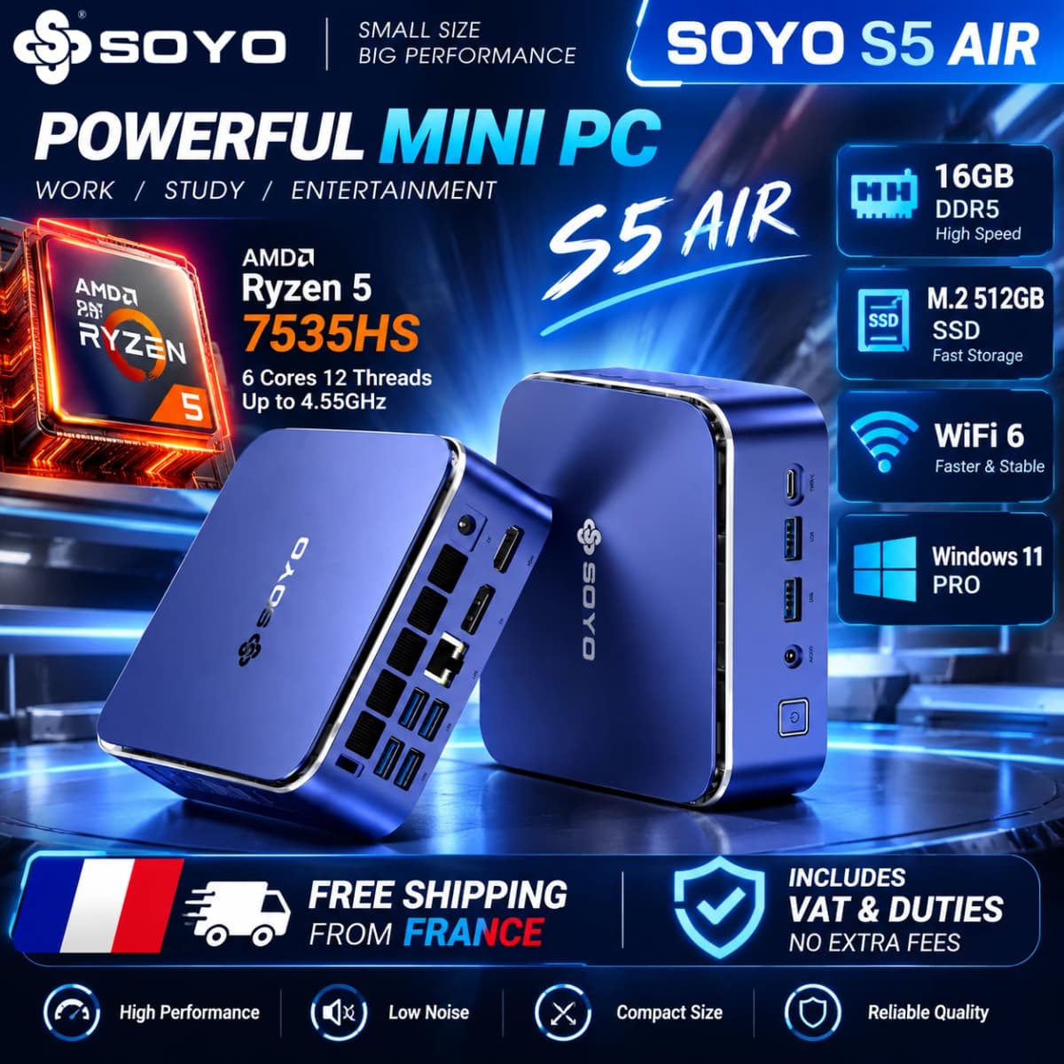 SOYO New Product Launch S5 AIR Gaming Mini Computer AMD Ryzen 5 7535HS (6 cores, 12 Threads, 3.3 GHz) Mini PC 16GB LPDDR5 RAM 512GB M.2 SSD WIFI6 BT Windows 11 Pro
