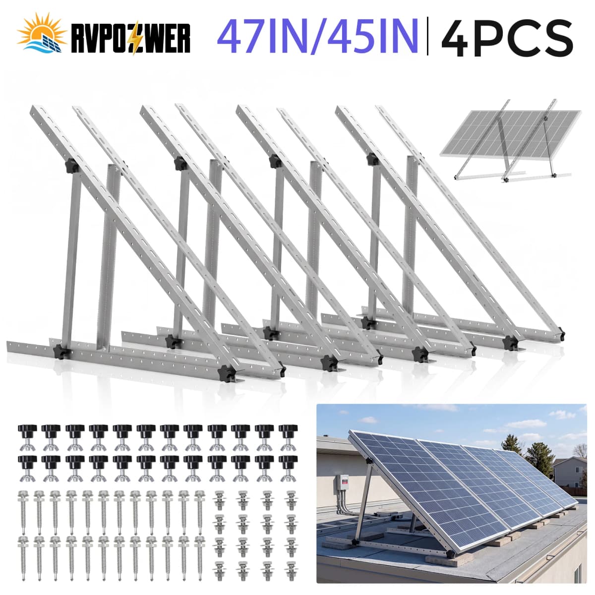 RVPOZWER 4PCS Adjustable Solar Panel Bracket Heavy‑Duty Tilt Legs Mount Stand for Roof RV Caravan Boat Off‑Grid Outdoor Solar Installation 45in/47in