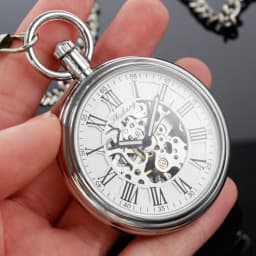 SHUHANG New Mechanic Watch Men Automatic Self Winding Pocket Watch Silver Simple Open Face Chain Pendant with Roman Number