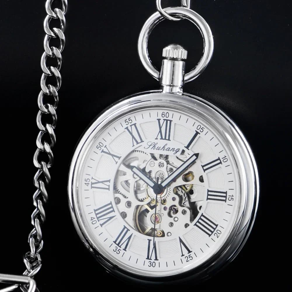 SHUHANG New Mechanic Watch Men Automatic Self Winding Pocket Watch Silver Simple Open Face Chain Pendant with Roman Number