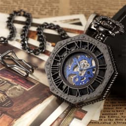 Ramadan Classic Hexagonal Mechanical Pocket Watch FOB Chain Steampunk Roman Dial Skeleton Gold Hollow Steel Men's Pocket Watch
