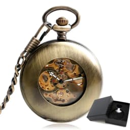 Self Wind Pocket Watch Copper Fashion Bronze Pendant Smooth Retro Skeleton Unisex Automatic Mechanical Stylish Thanksgiving Gift