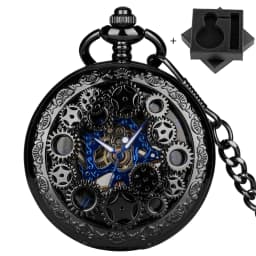 Royal Blue Roman Numerals Men's Manual Mechanical Pocket Watch Black Gears Hollow Design Pocket Chain Pendant Vintage Clock