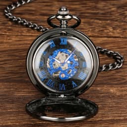 Royal Blue Roman Numerals Men's Manual Mechanical Pocket Watch Black Gears Hollow Design Pocket Chain Pendant Vintage Clock
