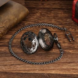 Royal Blue Roman Numerals Men's Manual Mechanical Pocket Watch Black Gears Hollow Design Pocket Chain Pendant Vintage Clock