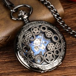 Royal Blue Roman Numerals Men's Manual Mechanical Pocket Watch Black Gears Hollow Design Pocket Chain Pendant Vintage Clock