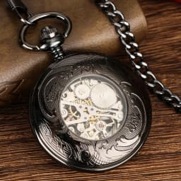Royal Blue Roman Numerals Men's Manual Mechanical Pocket Watch Black Gears Hollow Design Pocket Chain Pendant Vintage Clock