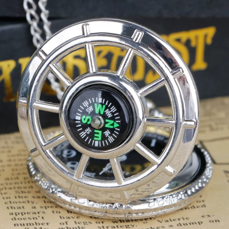 Exquisite Compass Design Vintage Hollow Skeleton Pocket Watch Black Starry Round Dial Antique Pendant Clock Retro Gifts Unisex