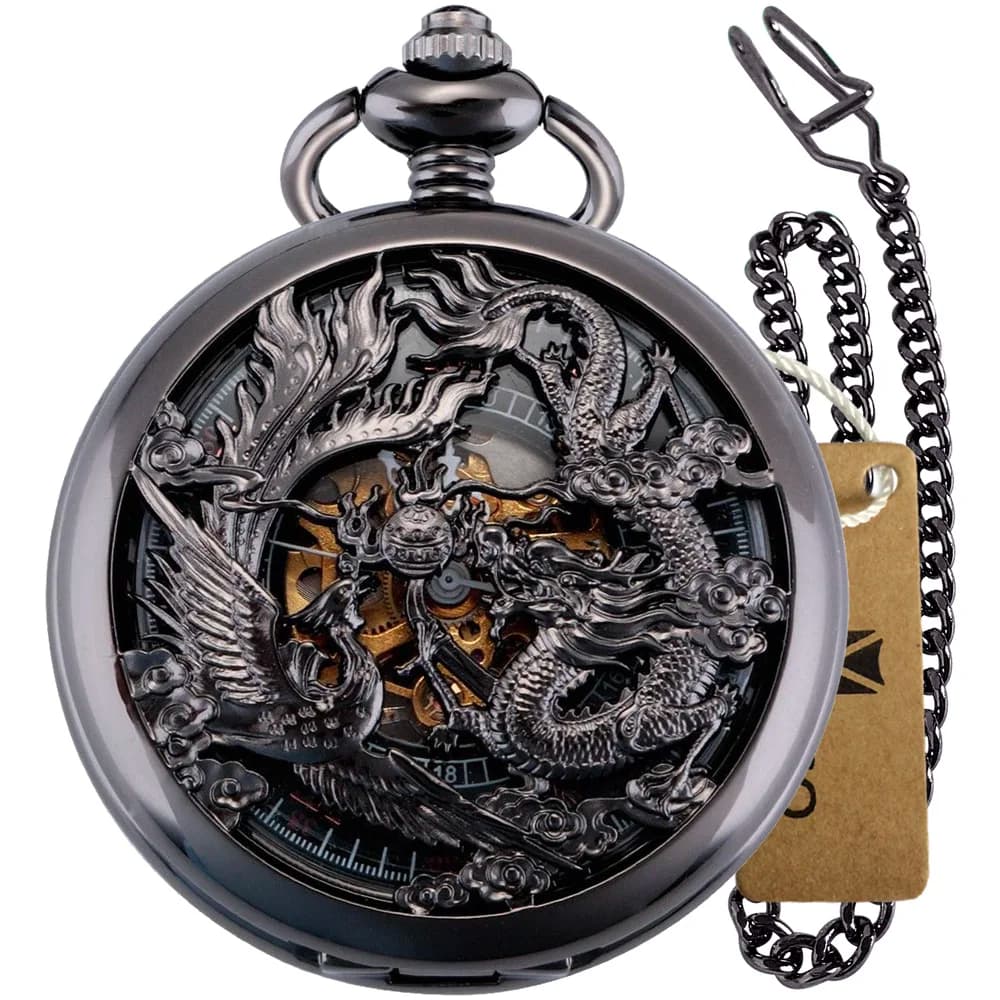 Vintage Classic Steampunk Skeleton Black Alloy Chinses Flying Dragon&Phoenix Mechanical Hand Wind Pocket Watch FOB Chain Clock
