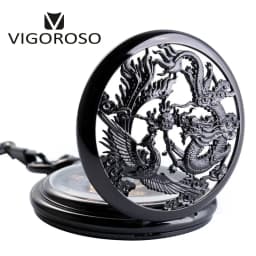 Vintage Classic Steampunk Skeleton Black Alloy Chinses Flying Dragon&Phoenix Mechanical Hand Wind Pocket Watch FOB Chain Clock
