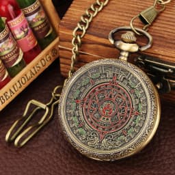 Bronze Mexican Maya Aztec Calendar Art Prophecy Culture Gold Plated Coin Quartz Pocket Watch with 80cm Necklace/38cm Waist Chain