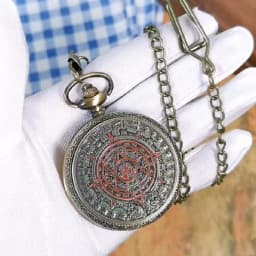 Bronze Mexican Maya Aztec Calendar Art Prophecy Culture Gold Plated Coin Quartz Pocket Watch with 80cm Necklace/38cm Waist Chain
