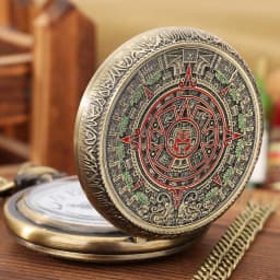 Bronze Mexican Maya Aztec Calendar Art Prophecy Culture Gold Plated Coin Quartz Pocket Watch with 80cm Necklace/38cm Waist Chain
