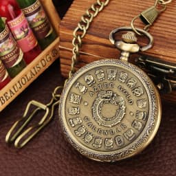 Bronze Mexican Maya Aztec Calendar Art Prophecy Culture Gold Plated Coin Quartz Pocket Watch with 80cm Necklace/38cm Waist Chain