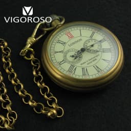 VIGOROSO Collectible Antique Old Copper Mechanical Pocket Watch FOB Chain Hand Winding Roman Numerals 12/24 Hours Vintage Clock