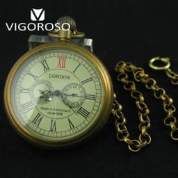 VIGOROSO Collectible Antique Old Copper Mechanical Pocket Watch FOB Chain Hand Winding Roman Numerals 12/24 Hours Vintage Clock