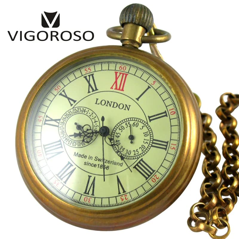 VIGOROSO Collectible Antique Old Copper Mechanical Pocket Watch FOB Chain Hand Winding Roman Numerals 12/24 Hours Vintage Clock