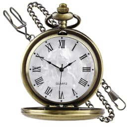 Vintage Pocket Watch with Chain Roman Numerals Smooth Steel Men's Quartz Pocket Watches with Chain Clip for Men