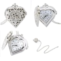Fashion Silver Heart Shaped Lovely Hollow Elegant Quartz Pocket Watch Necklace Pendant for Women Ladies Girl Birthday Gift