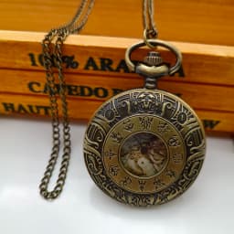 Vintage Bronze Zodiac Theme Stone Golden Roman Literal English Pocket Watch Pendant Jewelry Necklace Gift Collection