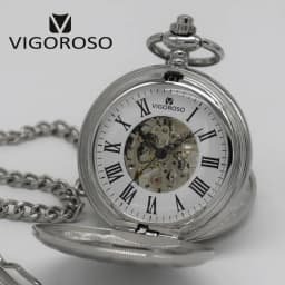 VIGOROSO Silvery Tone Steel Double Hunter Mechanical Pocket Watch Hand-winding Skeleton Silver FOB Chain Clock Gifts Men Ladies