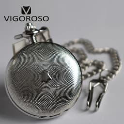 VIGOROSO Silvery Tone Steel Double Hunter Mechanical Pocket Watch Hand-winding Skeleton Silver FOB Chain Clock Gifts Men Ladies