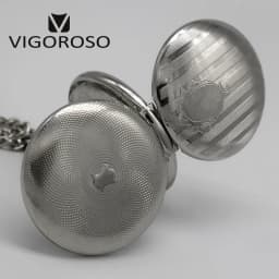 VIGOROSO Silvery Tone Steel Double Hunter Mechanical Pocket Watch Hand-winding Skeleton Silver FOB Chain Clock Gifts Men Ladies