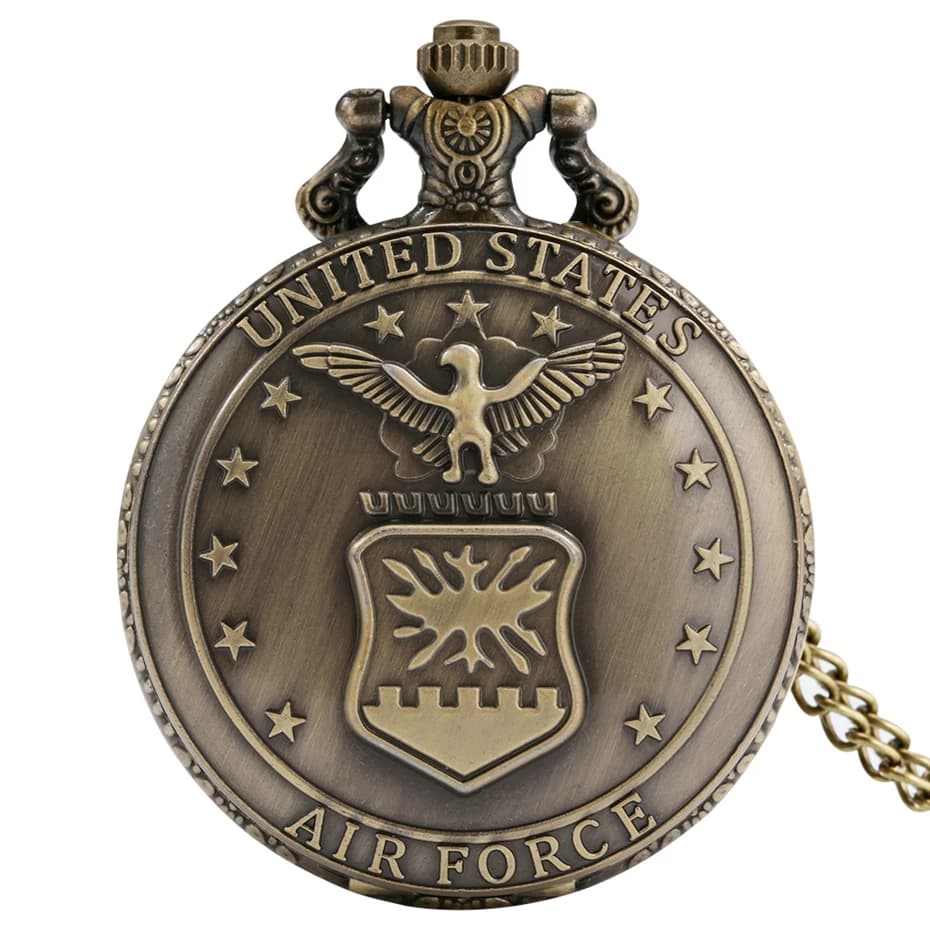 Retro Bronze Air Force Eagle Stars United State Quartz Antique Pendant Chain Pocket Watch Military Souvenir Gifts for Men Women