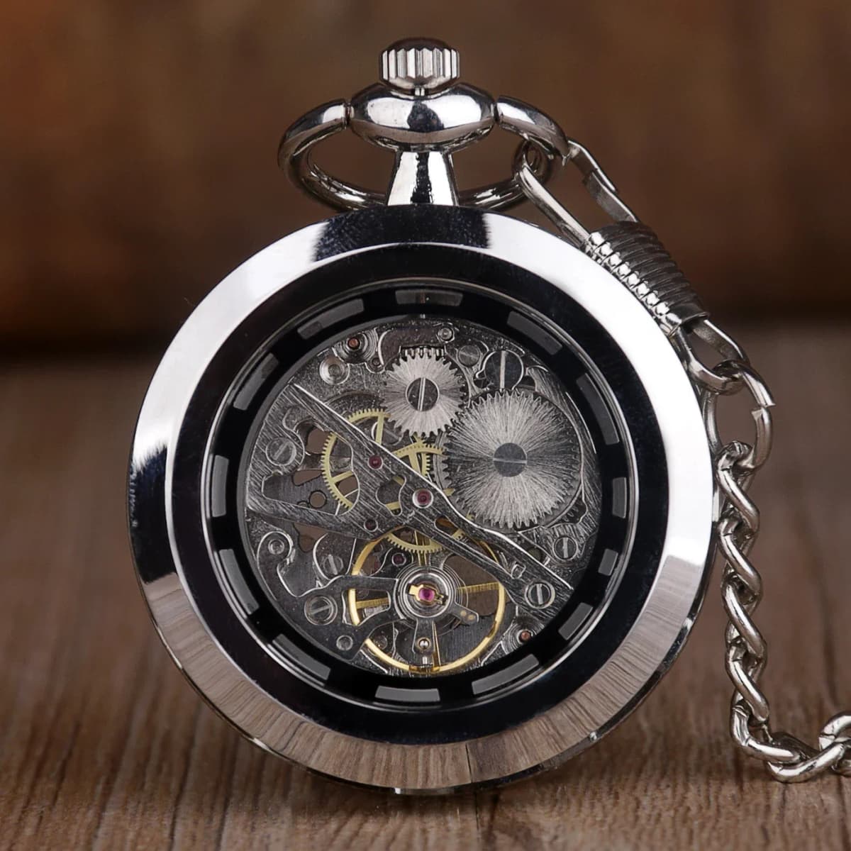 Cool Skeletonized Black/Silver Mechanical Pocket Watch with Transparent for Men Women Vintage Steampunk pocket watch mechanical