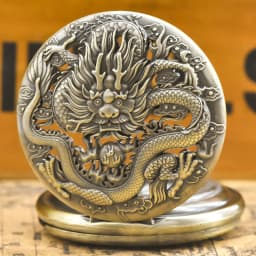 Vintage Bronze Steampunk Oriental Dragon Carved Quartz Pocket Watch Necklace Pendant Clock Chain Men Women Chain Gift