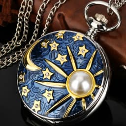 New Relief Sea Blue Star and Moon Quartz Necklace Inlaid with Pearl Silver Pocket Watch Pendant Chain for Male and FemaleStudent