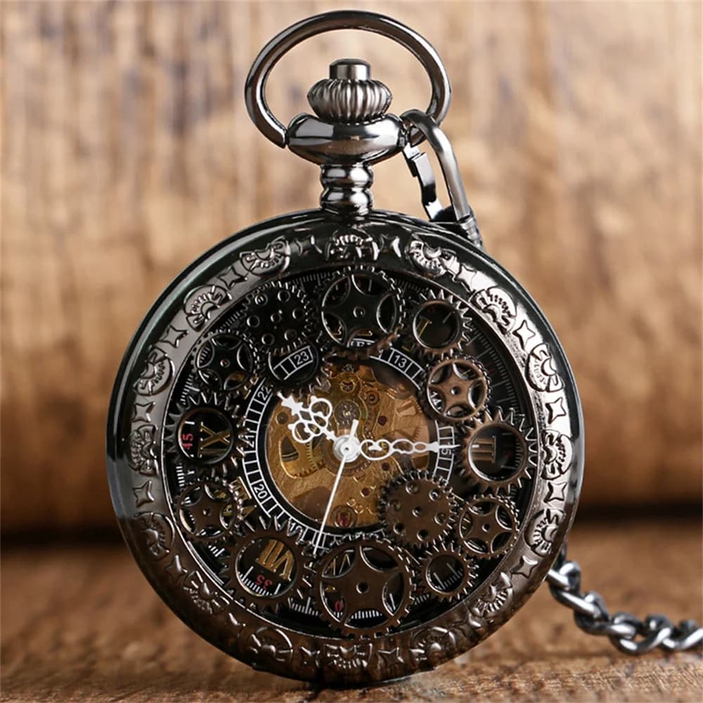 Steampunk Vintage Mechanical Pocket Watch Transparent Hollow Gearwheel Design Men's Hand Winding Pendant Chain Pocket Clock Male