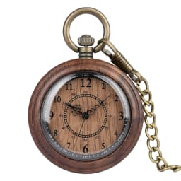 Vintage Fashion Wooden Quartz Pocket Watch Bronze Chain Pendant Pocket Timepiece Gift Male