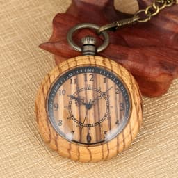 Vintage Fashion Wooden Quartz Pocket Watch Bronze Chain Pendant Pocket Timepiece Gift Male