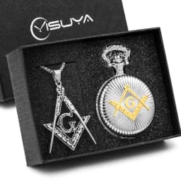 Masonic Pocket Watch Necklace Gift Set Quartz Arabic Numerals Dial Necklace Pocket Clock Freemasonry Pendant Chain Men Women
