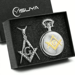 Masonic Pocket Watch Necklace Gift Set Quartz Arabic Numerals Dial Necklace Pocket Clock Freemasonry Pendant Chain Men Women