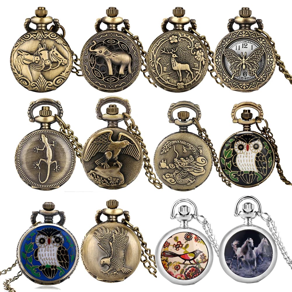 Small Size Animal Themed Vintage Pendant Necklace Pocket Watch Gift Unisex Quartz Analog Retro Exqusite Pocket Clock With Chain
