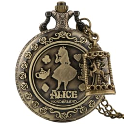 Retro Bronze Alice Pocket Watch Poker Carousel Accessory Arabic Numerals Quartz Necklace Pendant Creative Gift for Girl Women