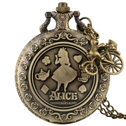 Retro Bronze Alice Pocket Watch Poker Carousel Accessory Arabic Numerals Quartz Necklace Pendant Creative Gift for Girl Women
