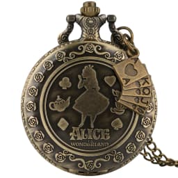 Retro Bronze Alice Pocket Watch Poker Carousel Accessory Arabic Numerals Quartz Necklace Pendant Creative Gift for Girl Women