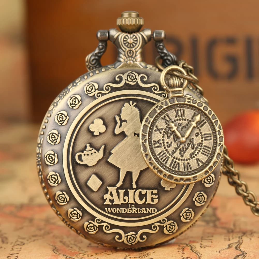 Retro Bronze Alice Pocket Watch Poker Carousel Accessory Arabic Numerals Quartz Necklace Pendant Creative Gift for Girl Women