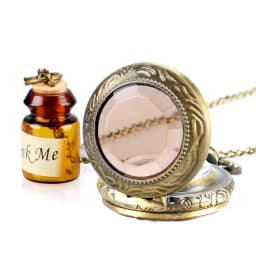 Retro Bronze Dream Women Rabbit Drink Me Tag Brown Glass Quartz Pocket Watch Chain Necklace Pendant for Girl Women