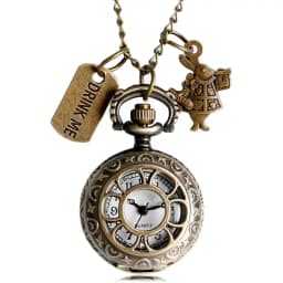 Retro Bronze Dream Women Rabbit Drink Me Tag Brown Glass Quartz Pocket Watch Chain Necklace Pendant for Girl Women
