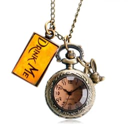 Retro Bronze Dream Women Rabbit Drink Me Tag Brown Glass Quartz Pocket Watch Chain Necklace Pendant for Girl Women
