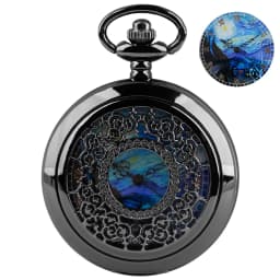 Pocket Watch Hollow Blue Starry Sky Dial Roman Numerals Quartz Pocket Watches with Necklace Christmas Birthday Gifts