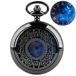 Pocket Watch Hollow Blue Starry Sky Dial Roman Numerals Quartz Pocket Watches with Necklace Christmas Birthday Gifts