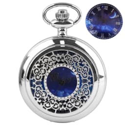 Pocket Watch Hollow Blue Starry Sky Dial Roman Numerals Quartz Pocket Watches with Necklace Christmas Birthday Gifts