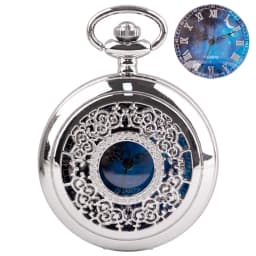 Pocket Watch Hollow Blue Starry Sky Dial Roman Numerals Quartz Pocket Watches with Necklace Christmas Birthday Gifts