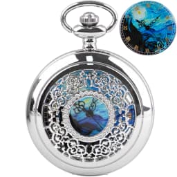Pocket Watch Hollow Blue Starry Sky Dial Roman Numerals Quartz Pocket Watches with Necklace Christmas Birthday Gifts