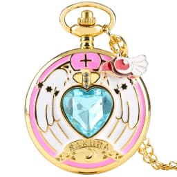 Luxury Gold Heart-shaped Gem Quartz Pocket Watch with Cardcaptor Sakura Accessory Pendant Necklace Chain Steampunk Women Gifts